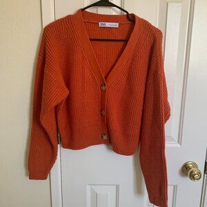 ZARA Women V Neck Knit Cardigan Sweater, Orange, Size S